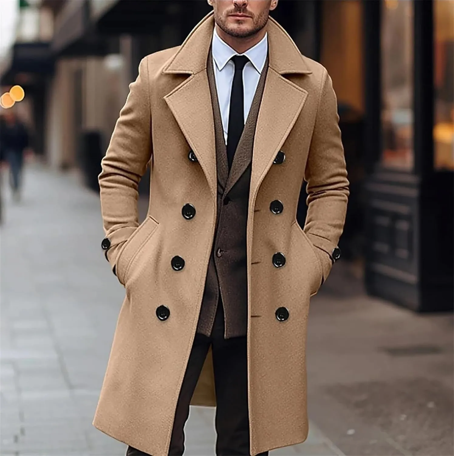 Men's Winter Woolen Trench Coat Business Casual Double Breasted Long Warm Pea Coat Overcoat