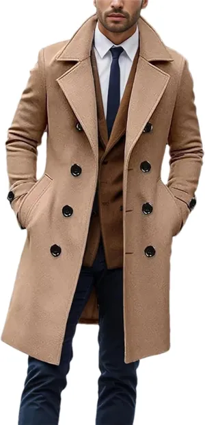 Men's Winter Woolen Trench Coat Business Casual Double Breasted Long Warm Pea Coat Overcoat