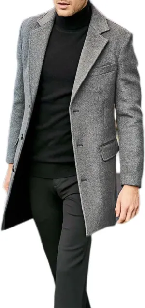 Men's Wool Blend Jackets Lapel Single-Breasted Casual Overcoat Thickness Warm Winter Trench Coat