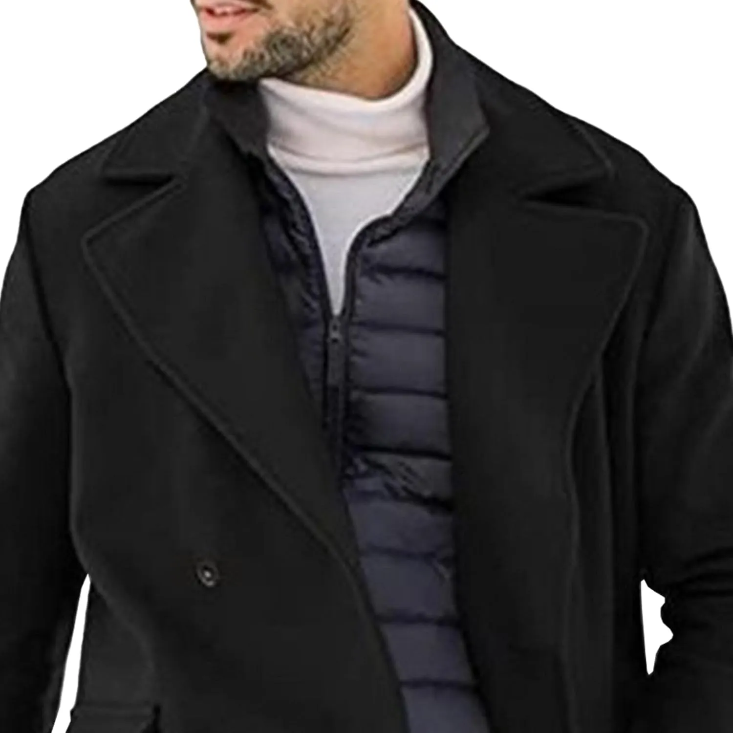 Mens Woolen Blend Trench Coat Fall Winter Solid Color Double Breasted Outwear Notch Lapel Jacket with Pockets