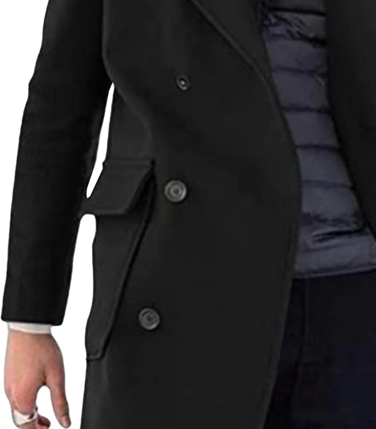 Mens Woolen Blend Trench Coat Fall Winter Solid Color Double Breasted Outwear Notch Lapel Jacket with Pockets