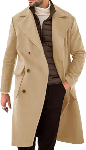 Mens Woolen Blend Trench Coat Fall Winter Solid Color Double Breasted Outwear Notch Lapel Jacket with Pockets