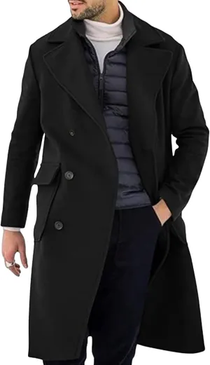 Mens Woolen Blend Trench Coat Fall Winter Solid Color Double Breasted Outwear Notch Lapel Jacket with Pockets