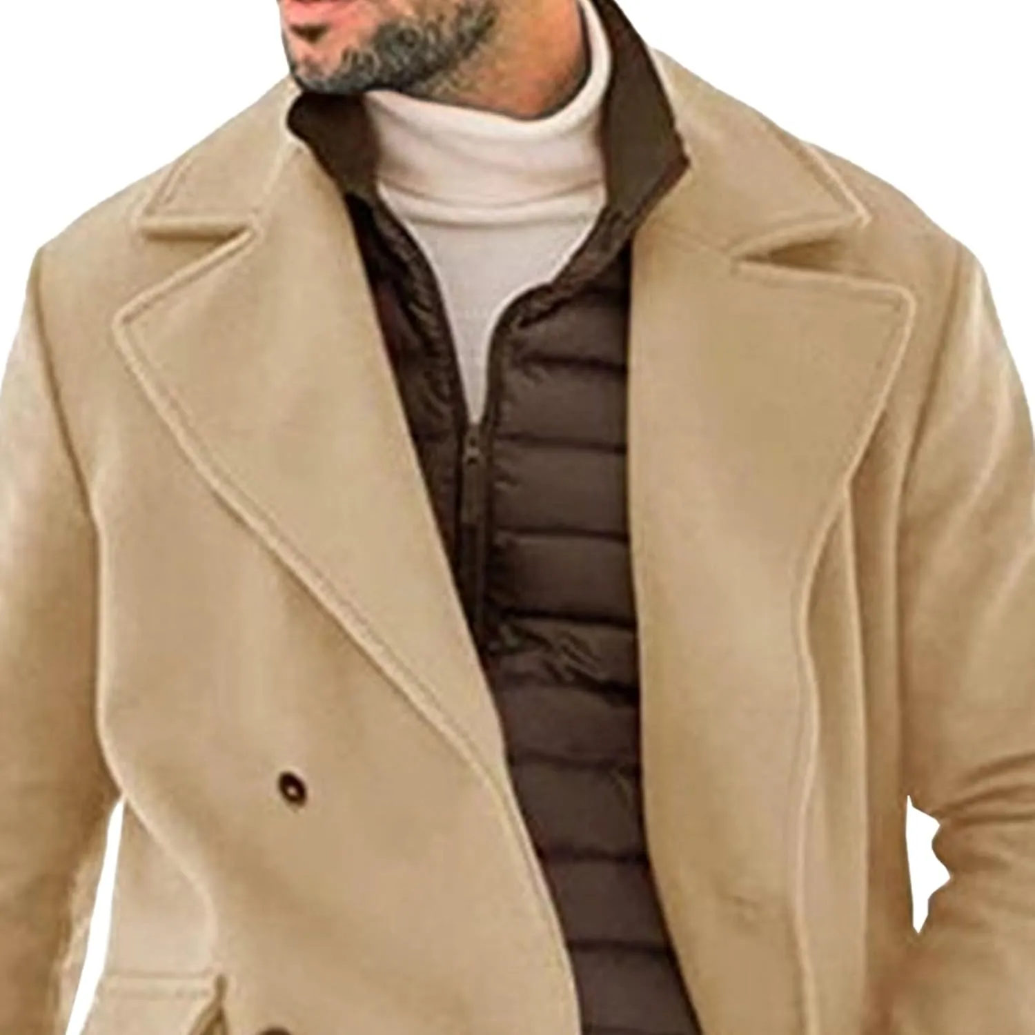 Mens Woolen Blend Trench Coat Fall Winter Solid Color Double Breasted Outwear Notch Lapel Jacket with Pockets