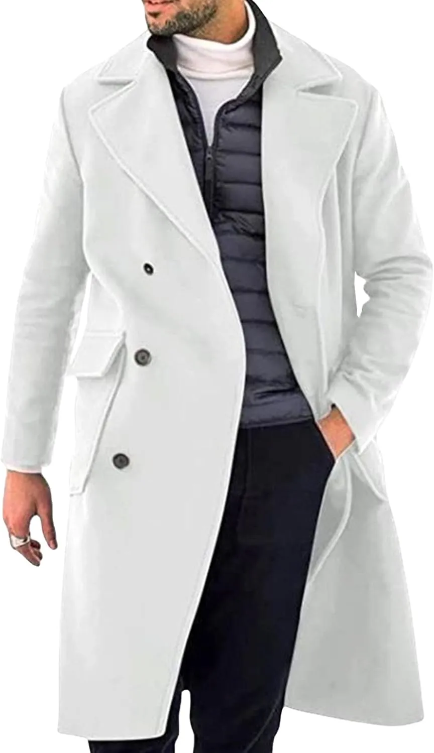 Mens Woolen Blend Trench Coat Fall Winter Solid Color Double Breasted Outwear Notch Lapel Jacket with Pockets