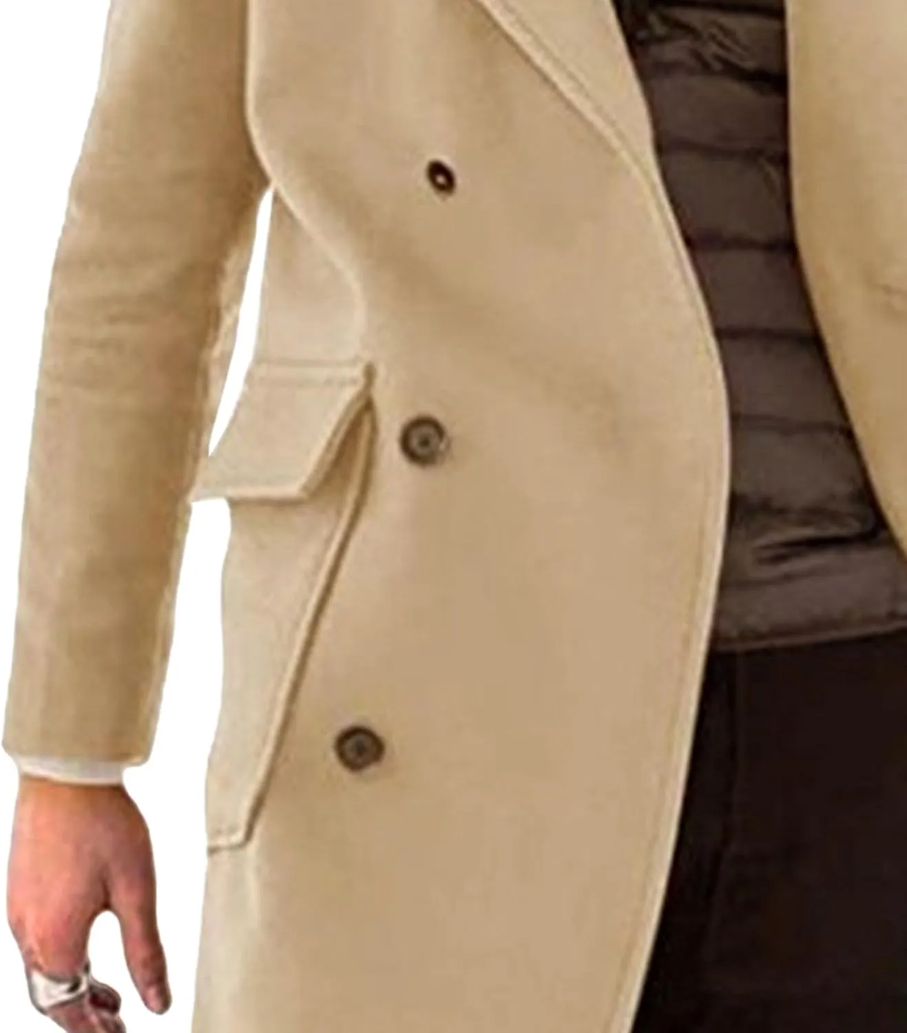Mens Woolen Blend Trench Coat Fall Winter Solid Color Double Breasted Outwear Notch Lapel Jacket with Pockets