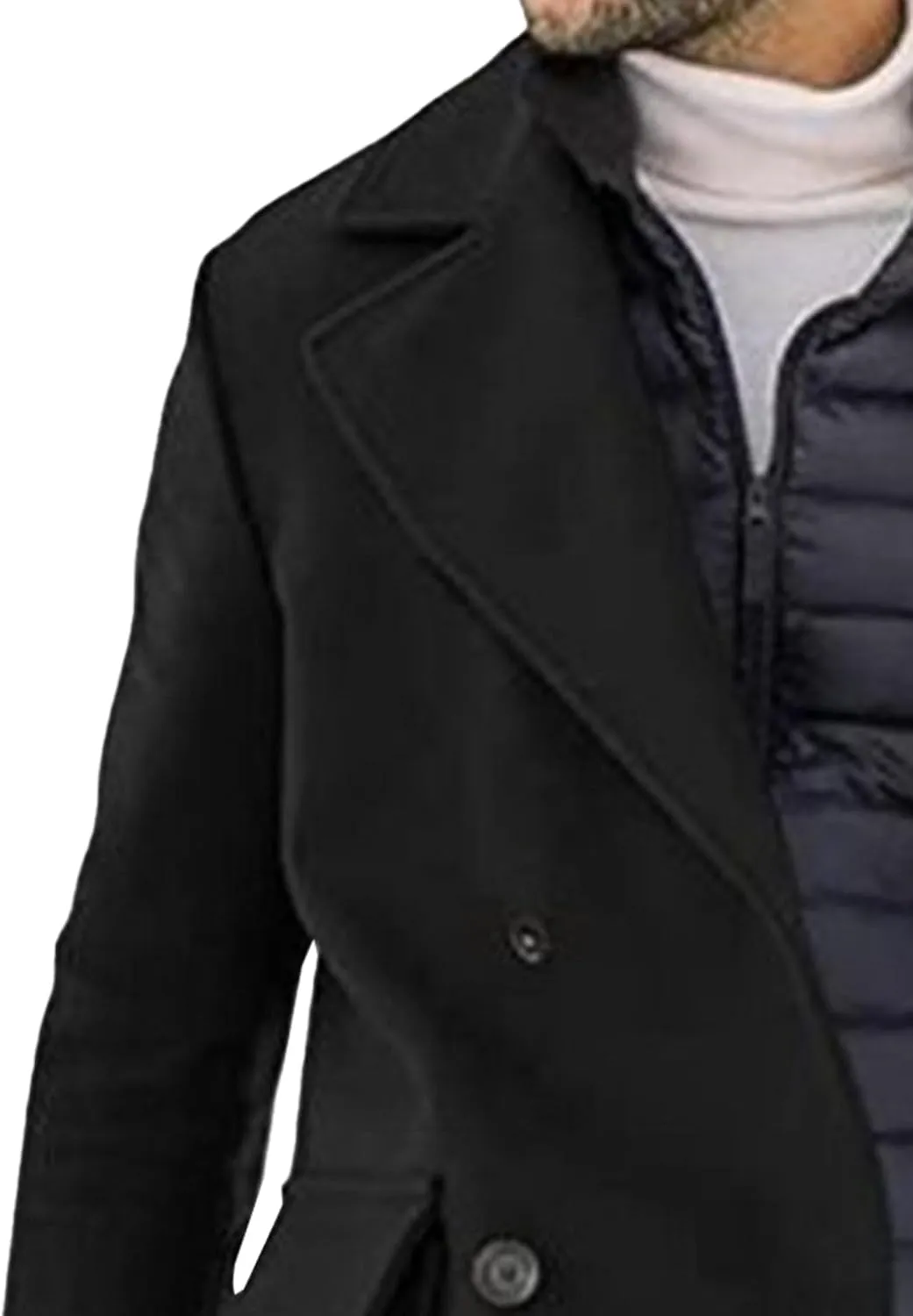 Mens Woolen Blend Trench Coat Fall Winter Solid Color Double Breasted Outwear Notch Lapel Jacket with Pockets