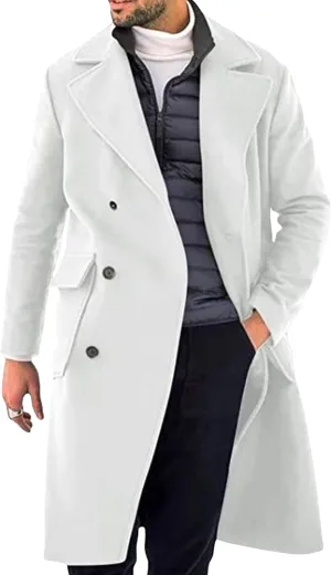Mens Woolen Blend Trench Coat Fall Winter Solid Color Double Breasted Outwear Notch Lapel Jacket with Pockets