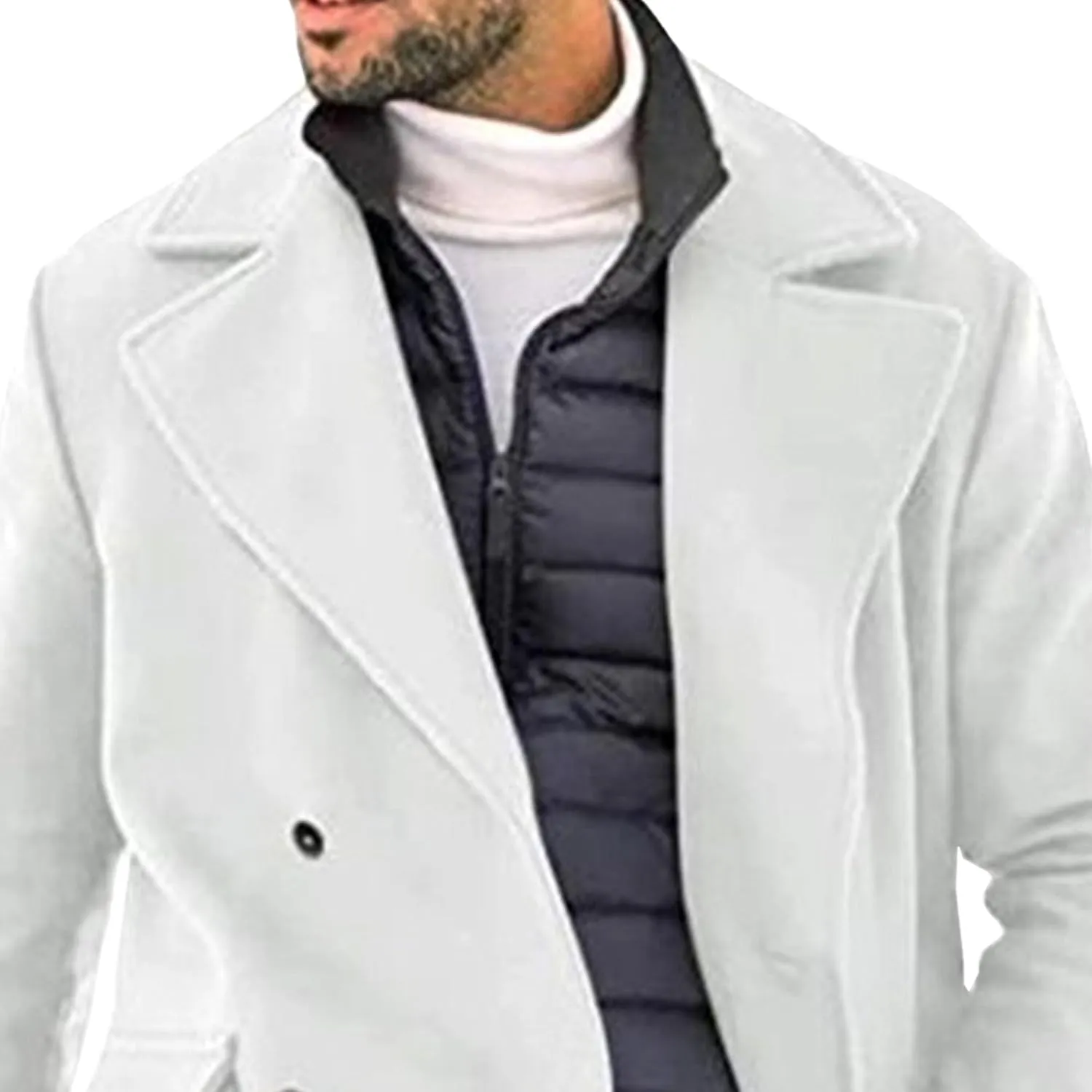 Mens Woolen Blend Trench Coat Fall Winter Solid Color Double Breasted Outwear Notch Lapel Jacket with Pockets