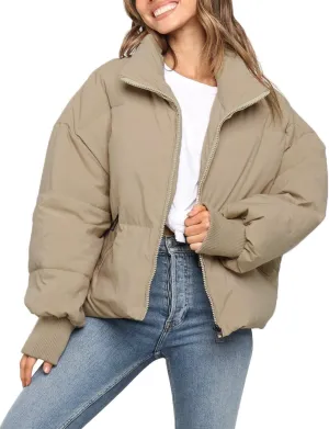 MEROKEETY Women's 2025 Winter Long Sleeve Zip Puffer Jacket Pockets Baggy Short Coats