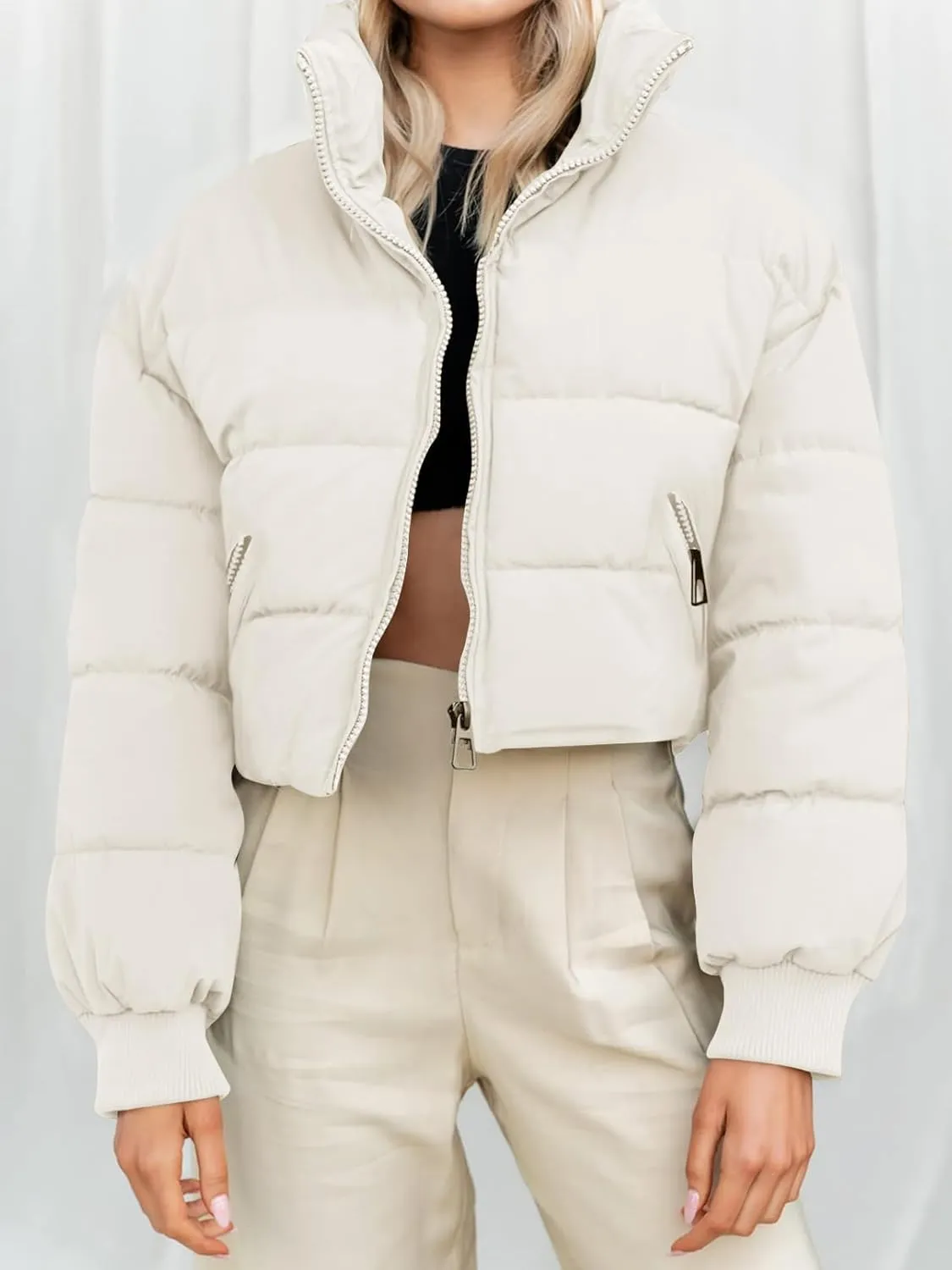 MEROKEETY Women's Winter Cropped Puffer Jacket Long Sleeve Oversized Stand Collar Zip-Up Short Coat