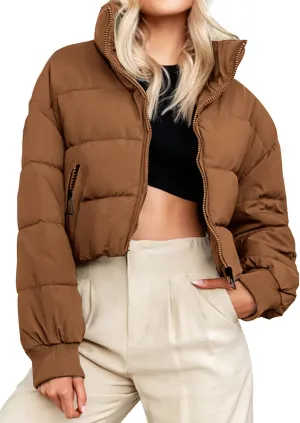 MEROKEETY Women's Winter Cropped Puffer Jacket Long Sleeve Oversized Stand Collar Zip-Up Short Coat