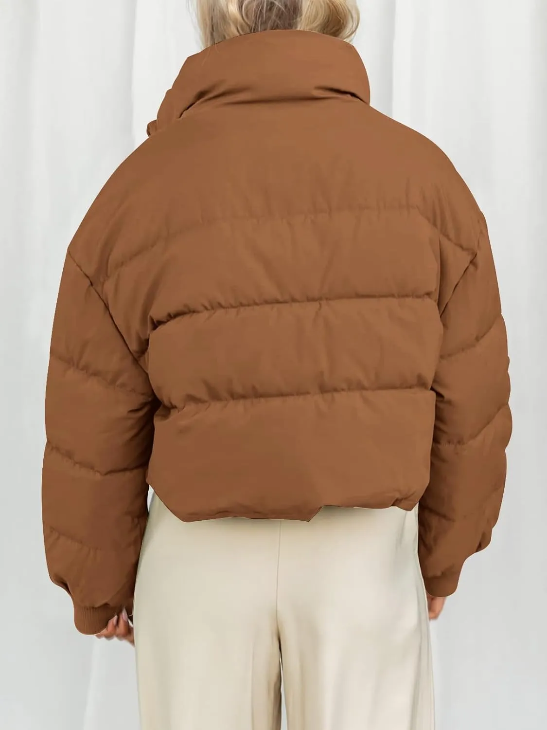 MEROKEETY Women's Winter Cropped Puffer Jacket Long Sleeve Oversized Stand Collar Zip-Up Short Coat