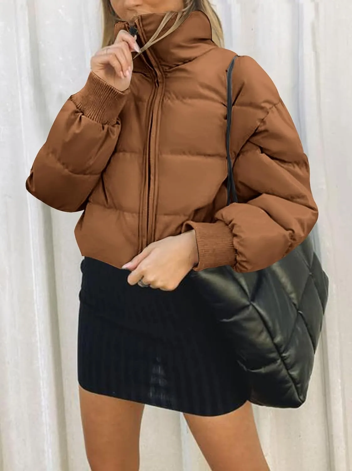 MEROKEETY Women's Winter Cropped Puffer Jacket Long Sleeve Oversized Stand Collar Zip-Up Short Coat