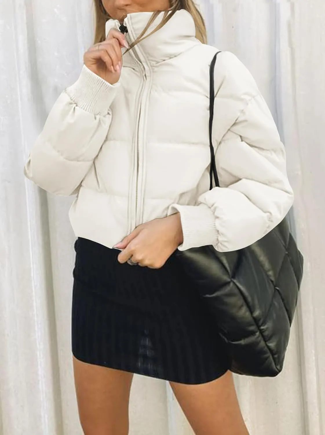 MEROKEETY Women's Winter Cropped Puffer Jacket Long Sleeve Oversized Stand Collar Zip-Up Short Coat
