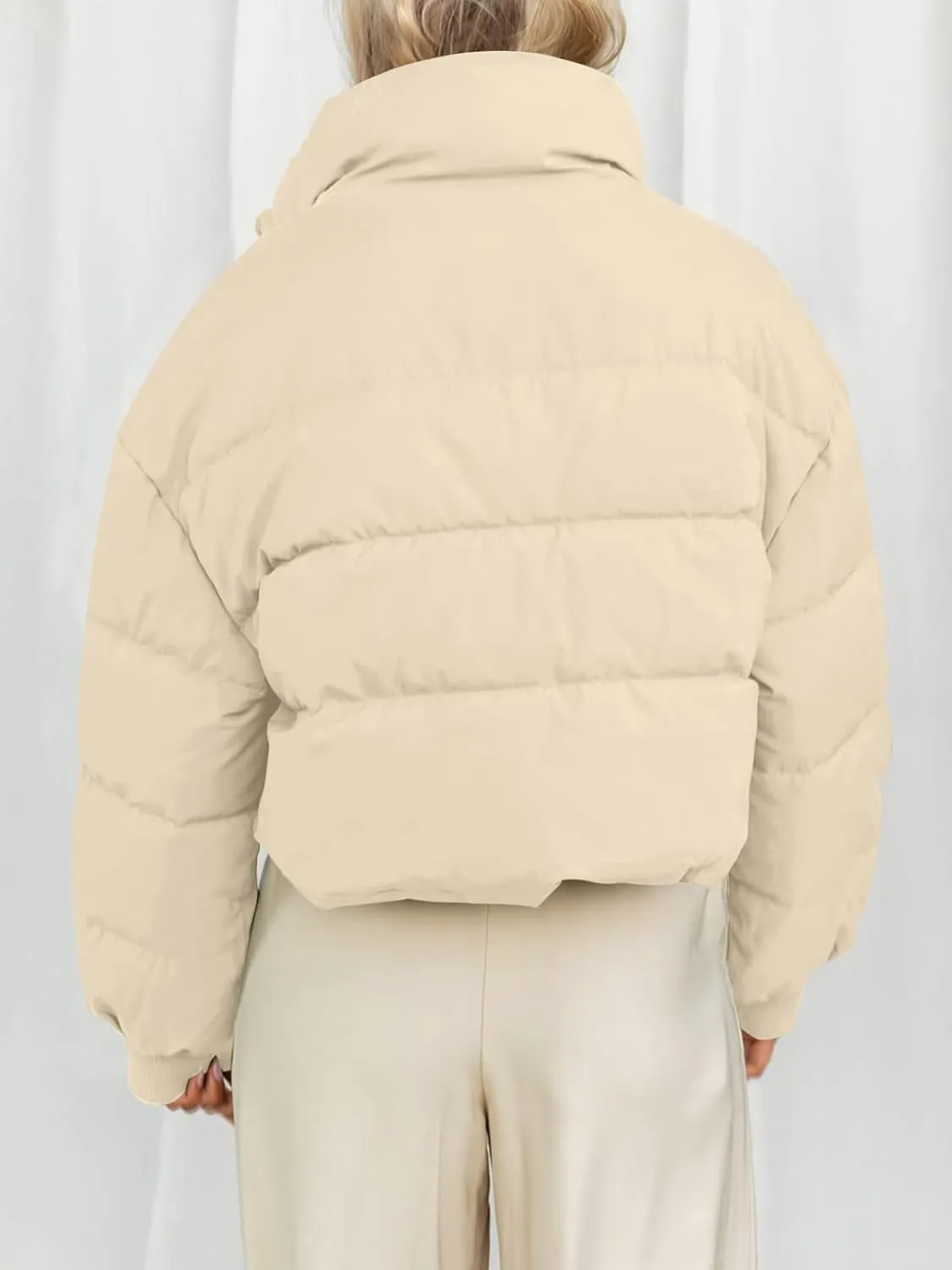 MEROKEETY Women's Winter Cropped Puffer Jacket Long Sleeve Oversized Stand Collar Zip-Up Short Coat