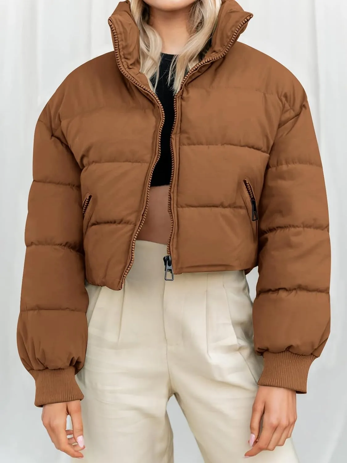 MEROKEETY Women's Winter Cropped Puffer Jacket Long Sleeve Oversized Stand Collar Zip-Up Short Coat