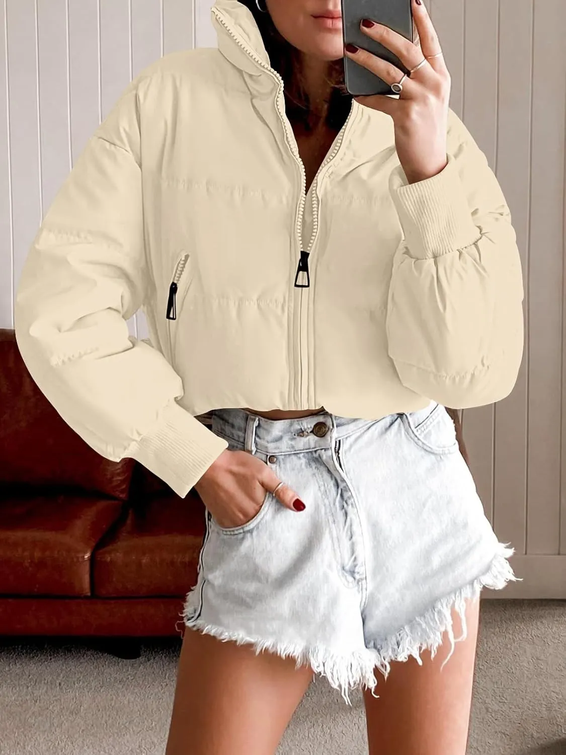 MEROKEETY Women's Winter Cropped Puffer Jacket Long Sleeve Oversized Stand Collar Zip-Up Short Coat