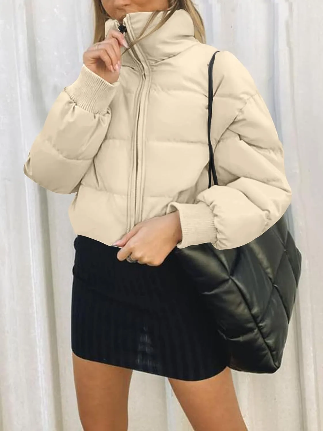 MEROKEETY Women's Winter Cropped Puffer Jacket Long Sleeve Oversized Stand Collar Zip-Up Short Coat