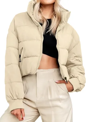 MEROKEETY Women's Winter Cropped Puffer Jacket Long Sleeve Oversized Stand Collar Zip-Up Short Coat