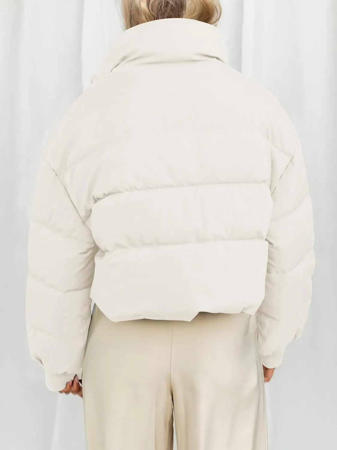 MEROKEETY Women's Winter Cropped Puffer Jacket Long Sleeve Oversized Stand Collar Zip-Up Short Coat