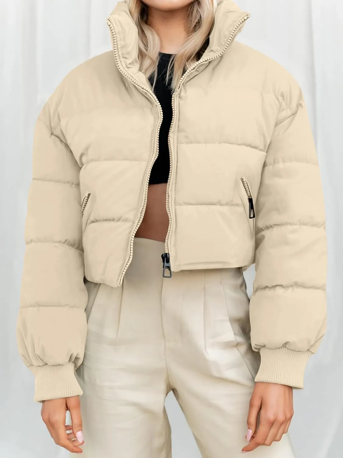 MEROKEETY Women's Winter Cropped Puffer Jacket Long Sleeve Oversized Stand Collar Zip-Up Short Coat