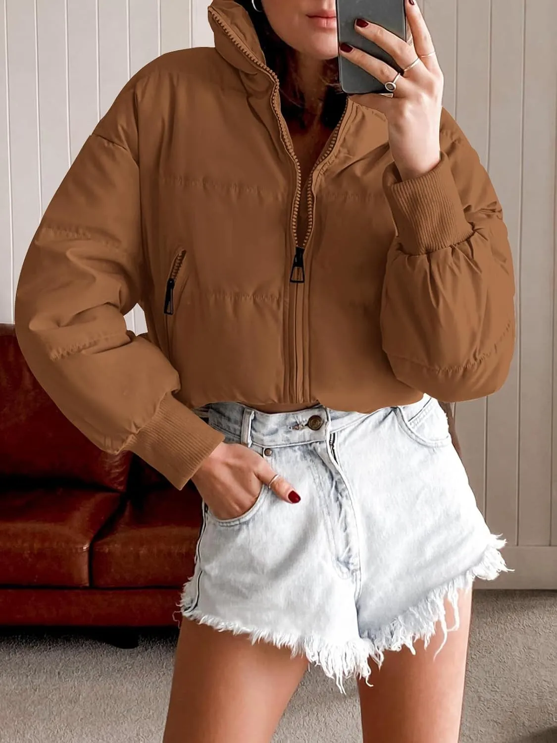 MEROKEETY Women's Winter Cropped Puffer Jacket Long Sleeve Oversized Stand Collar Zip-Up Short Coat
