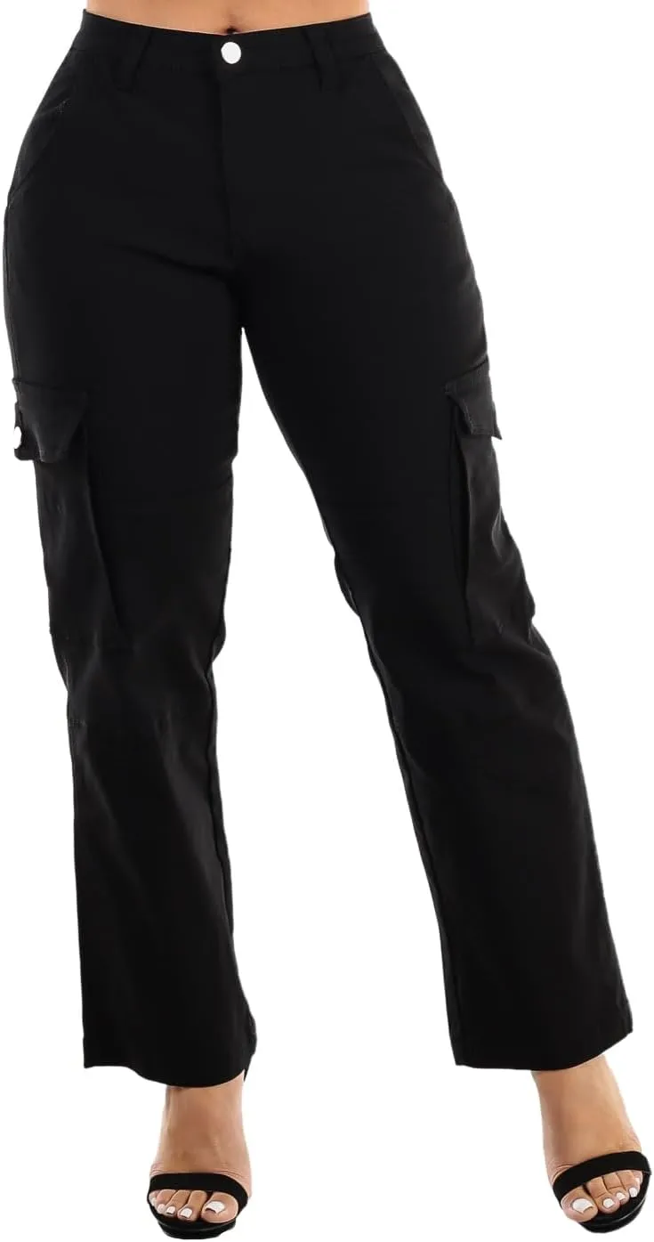 Moda Xpress Womens Juniors High Waisted Butt Lifting Stretch Relaxed Fit Straight Wide Leg Cargo Jeans