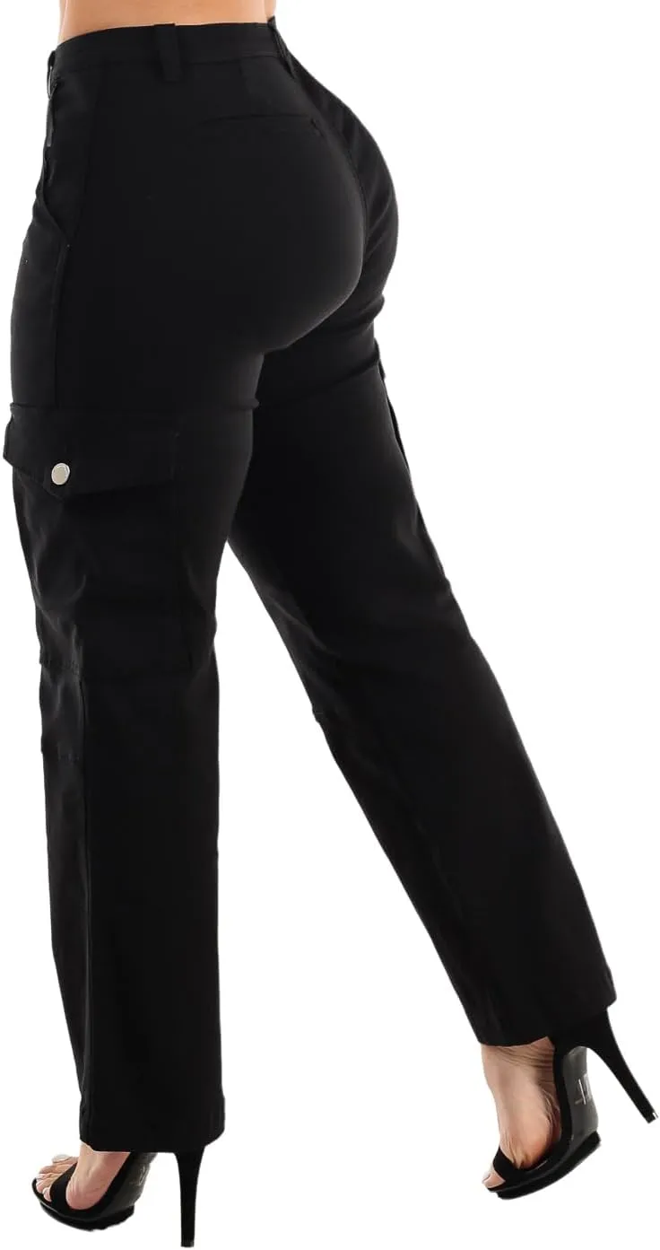 Moda Xpress Womens Juniors High Waisted Butt Lifting Stretch Relaxed Fit Straight Wide Leg Cargo Jeans