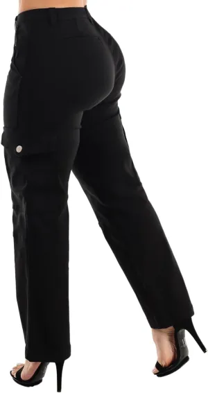 Moda Xpress Womens Juniors High Waisted Butt Lifting Stretch Relaxed Fit Straight Wide Leg Cargo Jeans