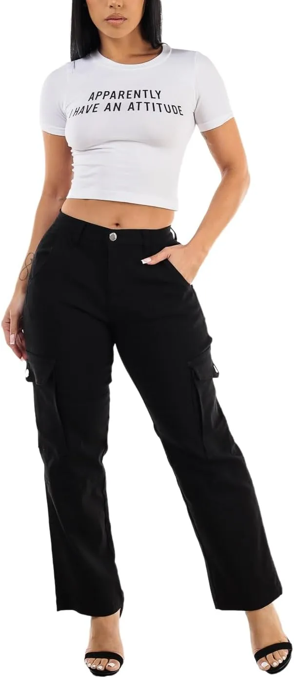 Moda Xpress Womens Juniors High Waisted Butt Lifting Stretch Relaxed Fit Straight Wide Leg Cargo Jeans