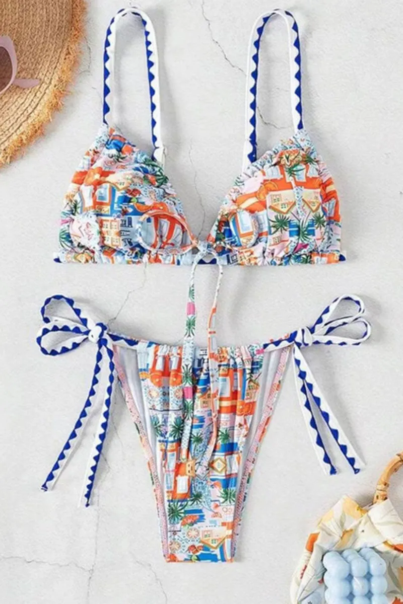 Natural Print Playful Shell Stitch Trim Lace-Up Bikini