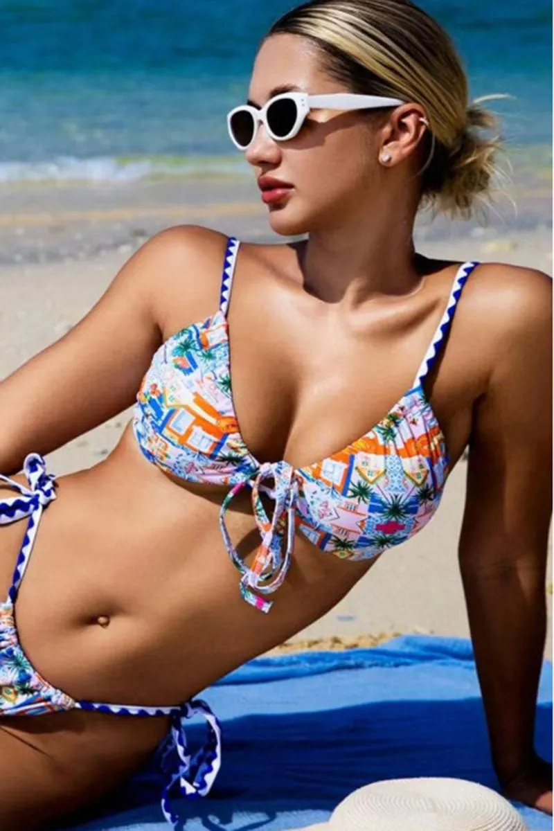 Natural Print Playful Shell Stitch Trim Lace-Up Bikini