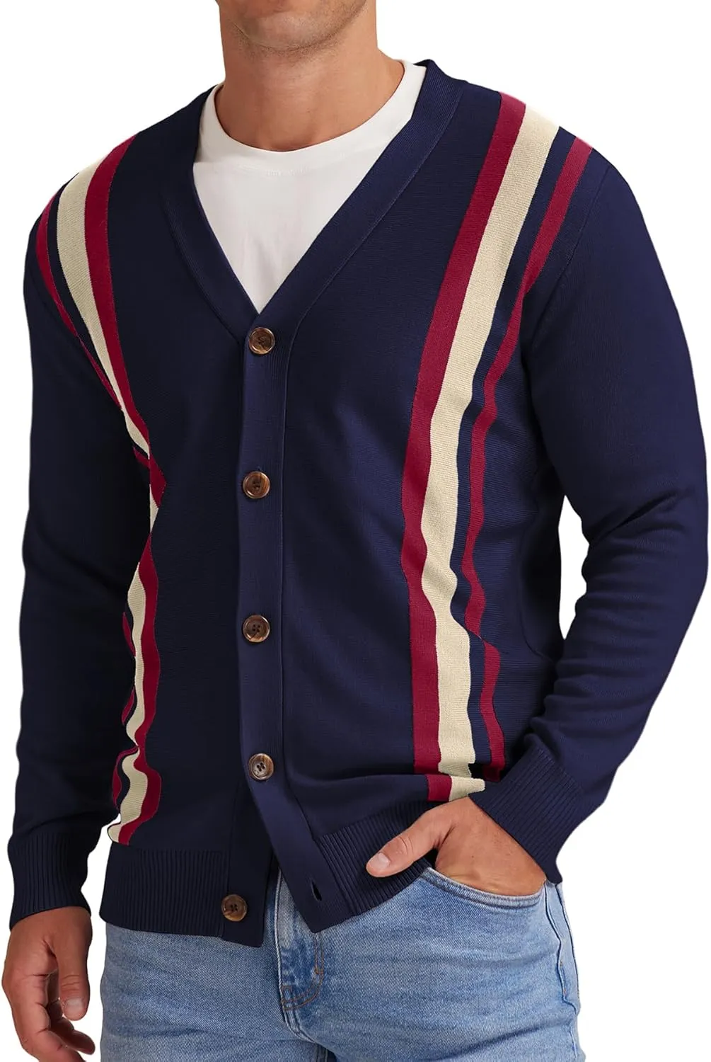NITAGUT Men's Vintage Striped Long Sleeve Cardigan Sweater with Button V Neck Knitted Sweaters