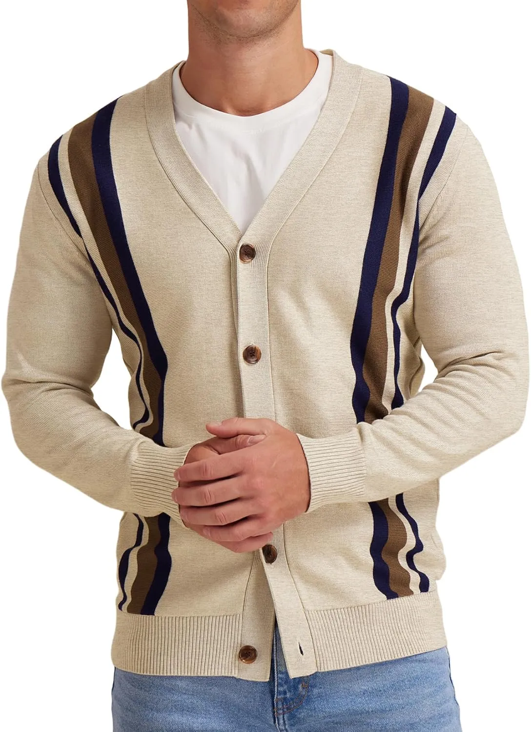 NITAGUT Men's Vintage Striped Long Sleeve Cardigan Sweater with Button V Neck Knitted Sweaters