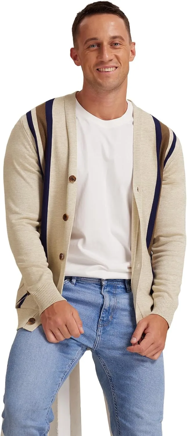 NITAGUT Men's Vintage Striped Long Sleeve Cardigan Sweater with Button V Neck Knitted Sweaters