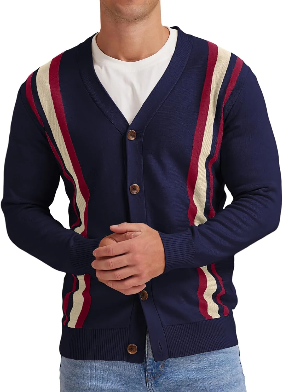 NITAGUT Men's Vintage Striped Long Sleeve Cardigan Sweater with Button V Neck Knitted Sweaters