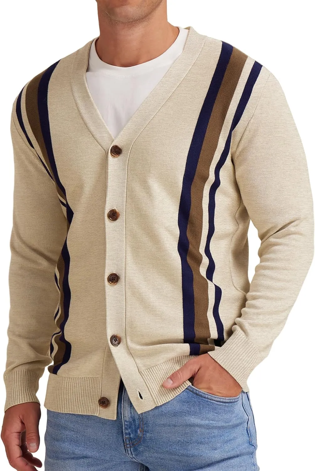 NITAGUT Men's Vintage Striped Long Sleeve Cardigan Sweater with Button V Neck Knitted Sweaters