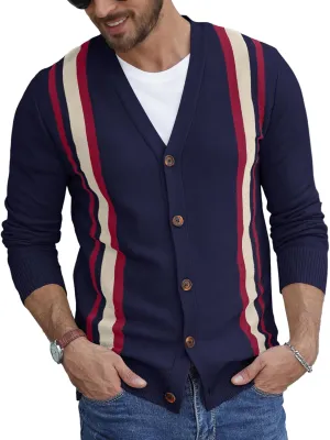NITAGUT Men's Vintage Striped Long Sleeve Cardigan Sweater with Button V Neck Knitted Sweaters