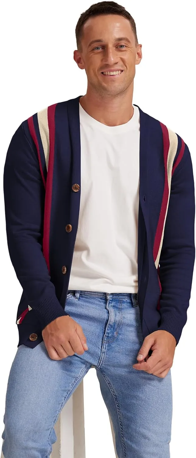 NITAGUT Men's Vintage Striped Long Sleeve Cardigan Sweater with Button V Neck Knitted Sweaters