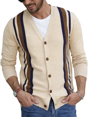 NITAGUT Men's Vintage Striped Long Sleeve Cardigan Sweater with Button V Neck Knitted Sweaters