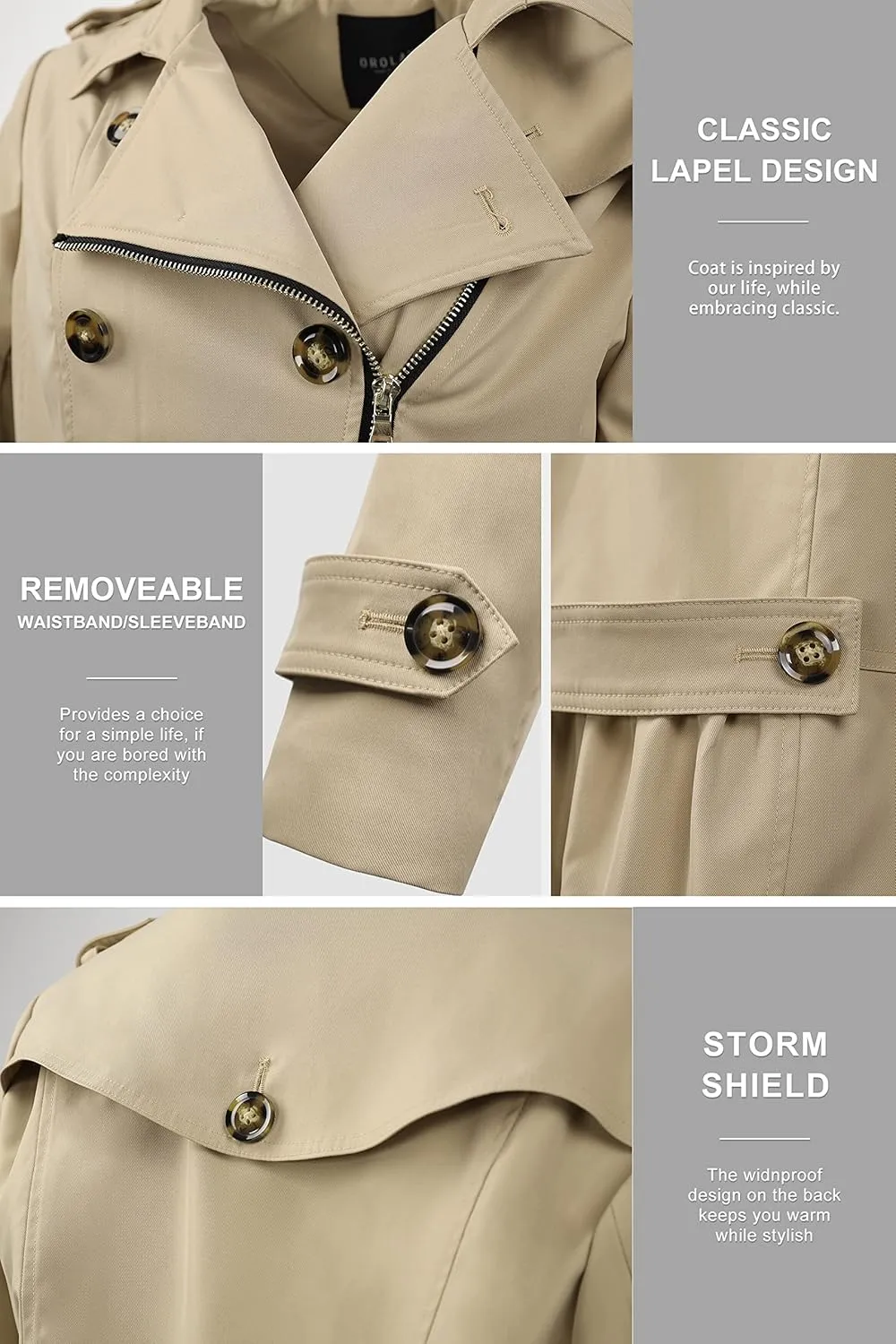 Orolay Women's Short Double Breasted Trench Coat Water Resistant Slim Jacket