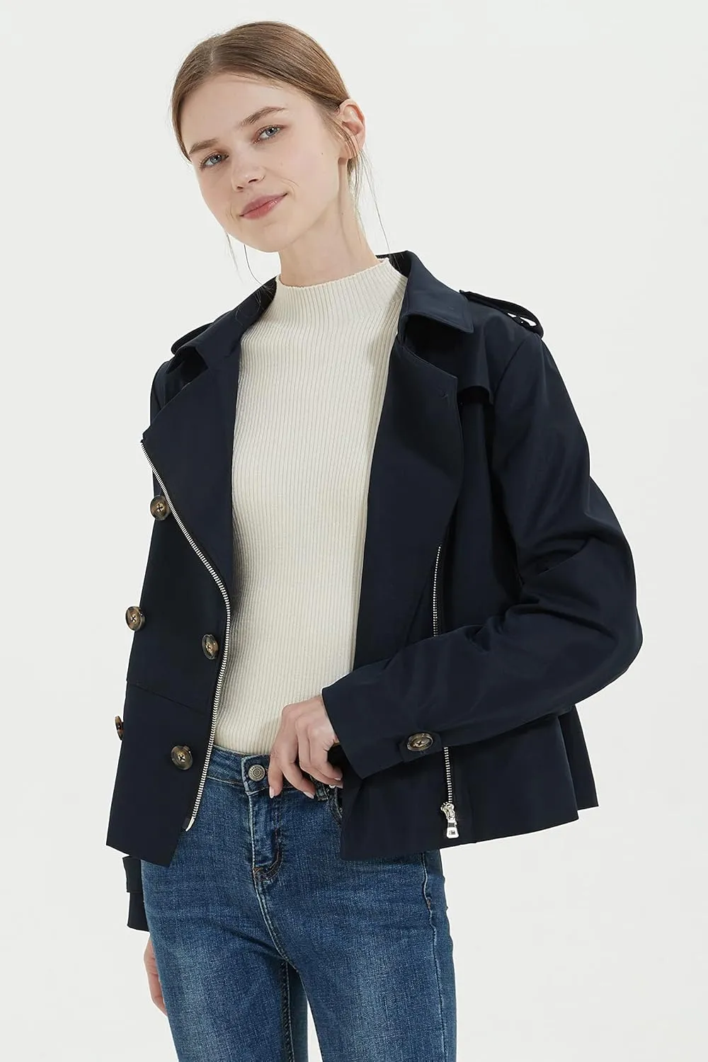 Orolay Women's Short Double Breasted Trench Coat Water Resistant Slim Jacket