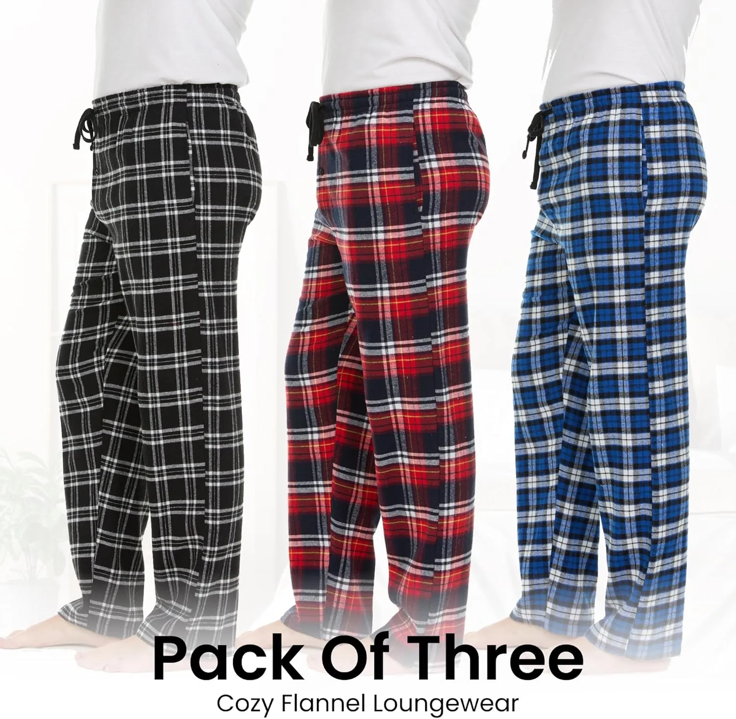 Pajama Pants for Men - 3 Pack Pajama Bottoms - Cotton Blend Flannel Plaid Lounge Pants, Comfortable PJ Pants