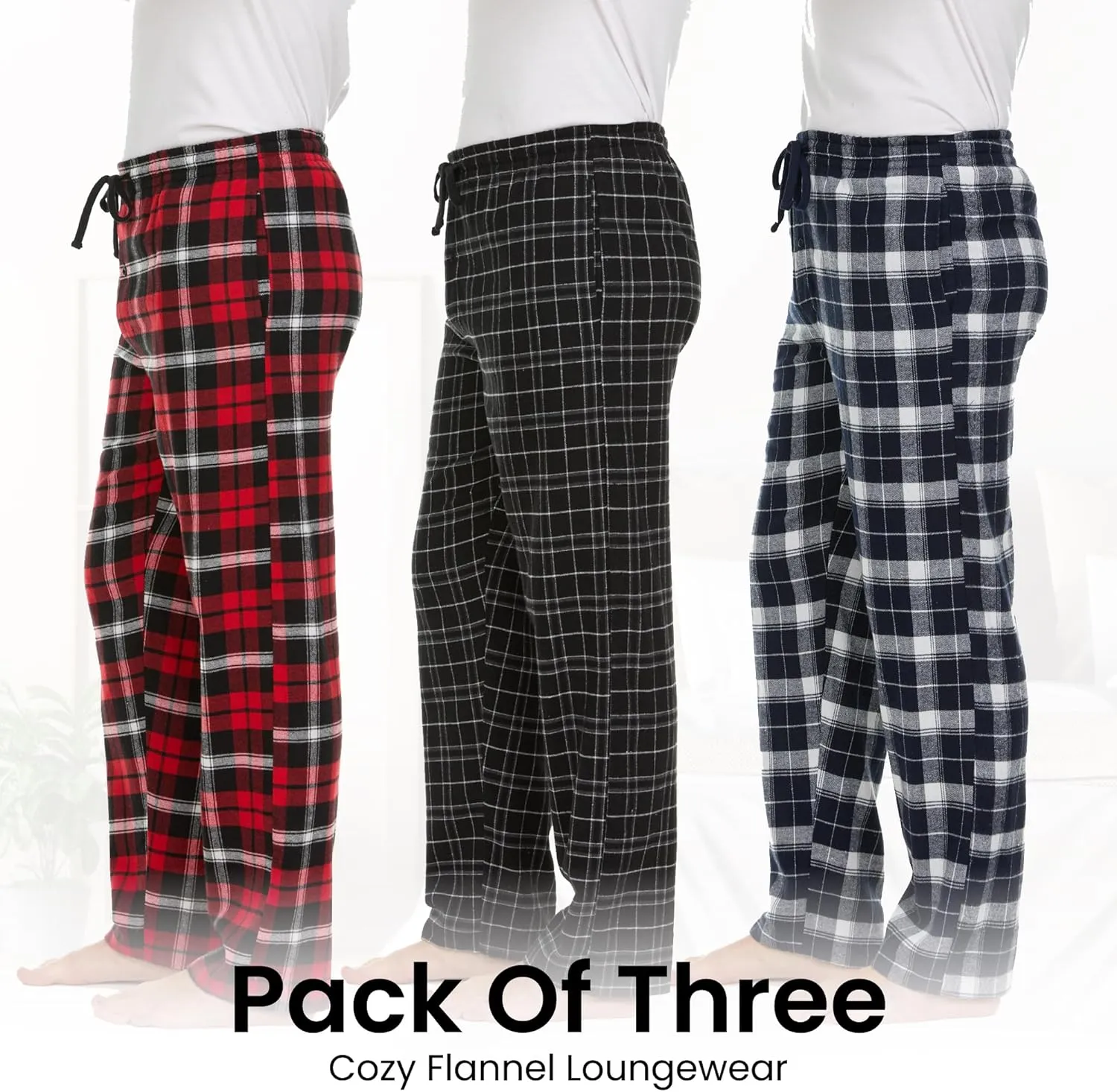 Pajama Pants for Men - 3 Pack Pajama Bottoms - Cotton Blend Flannel Plaid Lounge Pants, Comfortable PJ Pants