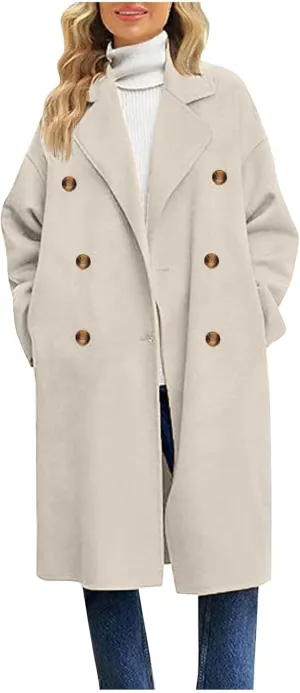Pea Coats for Women Single Breasted Office Work Trench Coat 2024 Fall Winter Warm Loose Wool Blend Overcoat