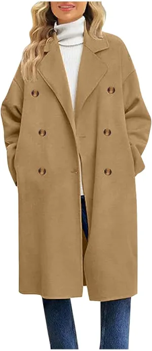 Pea Coats for Women Single Breasted Office Work Trench Coat 2024 Fall Winter Warm Loose Wool Blend Overcoat
