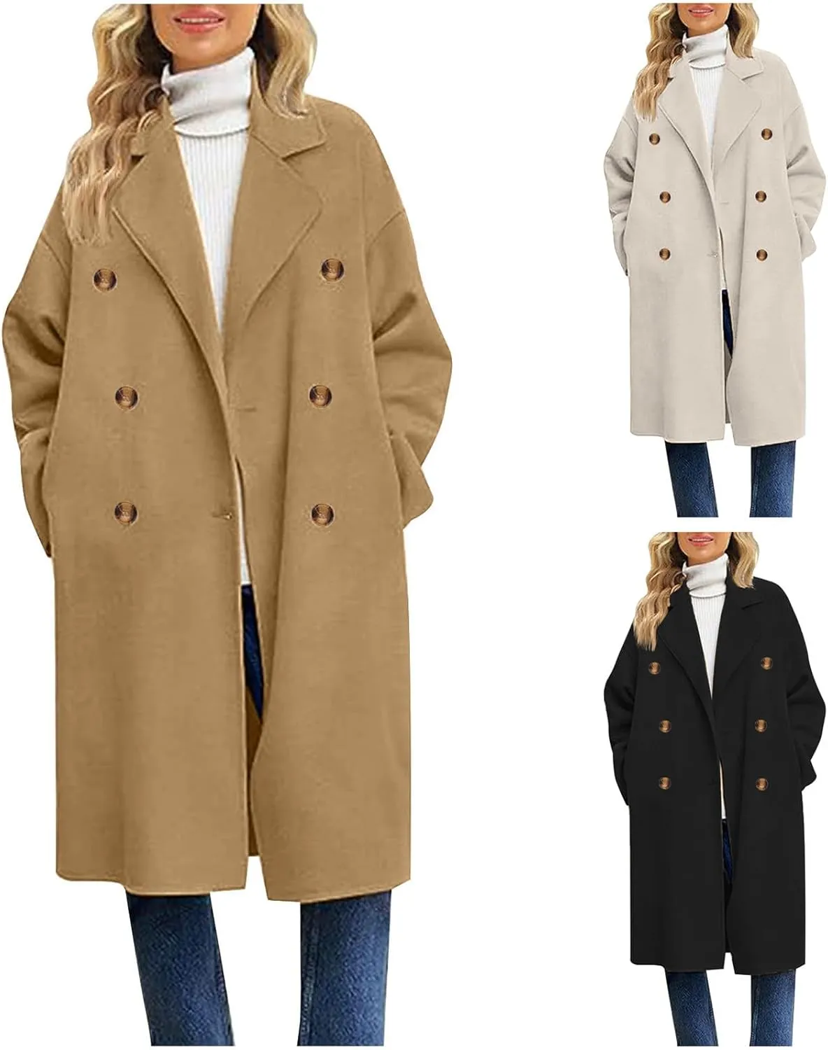 Pea Coats for Women Single Breasted Office Work Trench Coat 2024 Fall Winter Warm Loose Wool Blend Overcoat