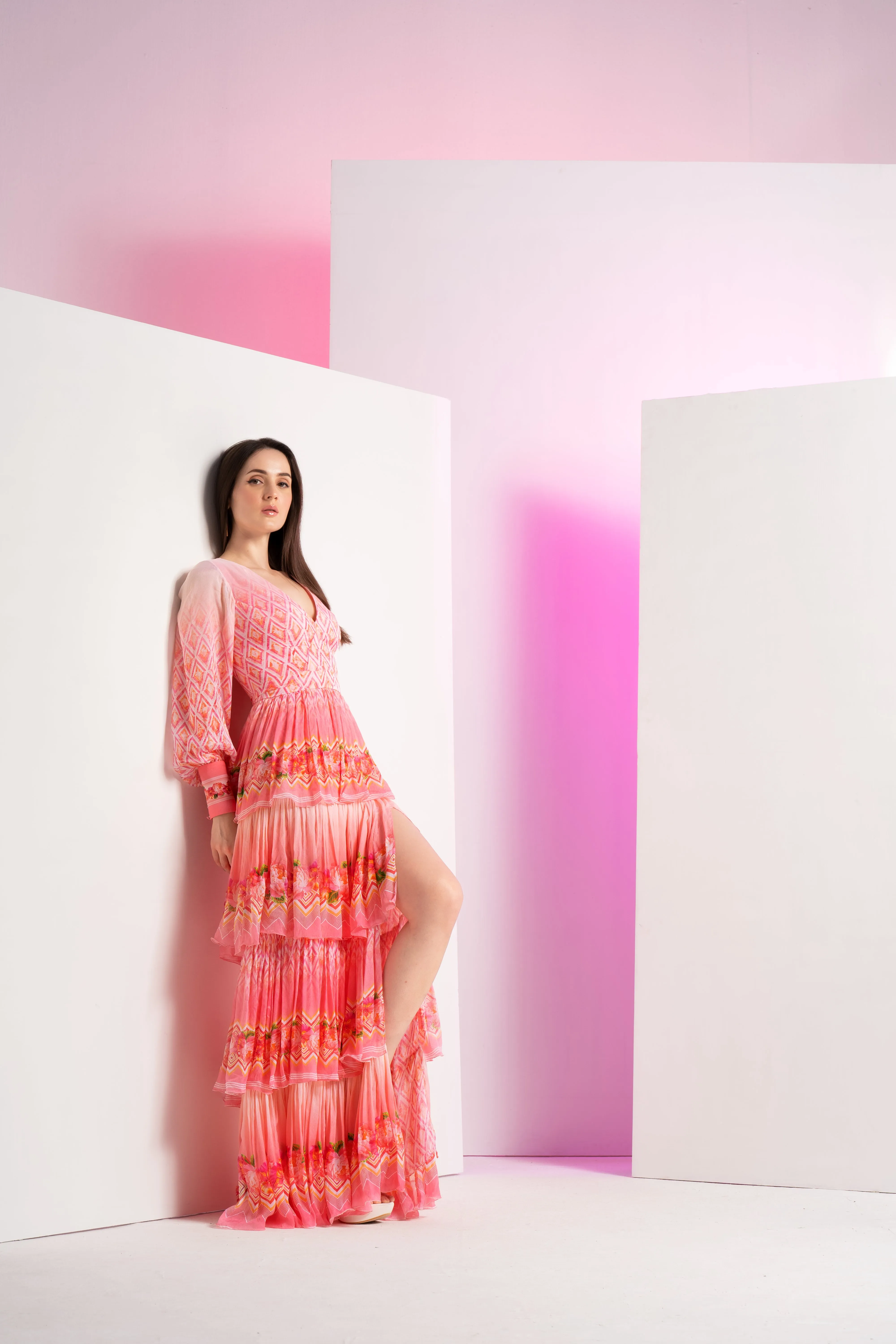 Peach bud and bloom long layered dress