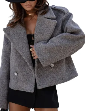 Perbai Womens Cropped Peacoat Double Breasted Notched Lapel Wool Blend Short Winter Trench Jacket